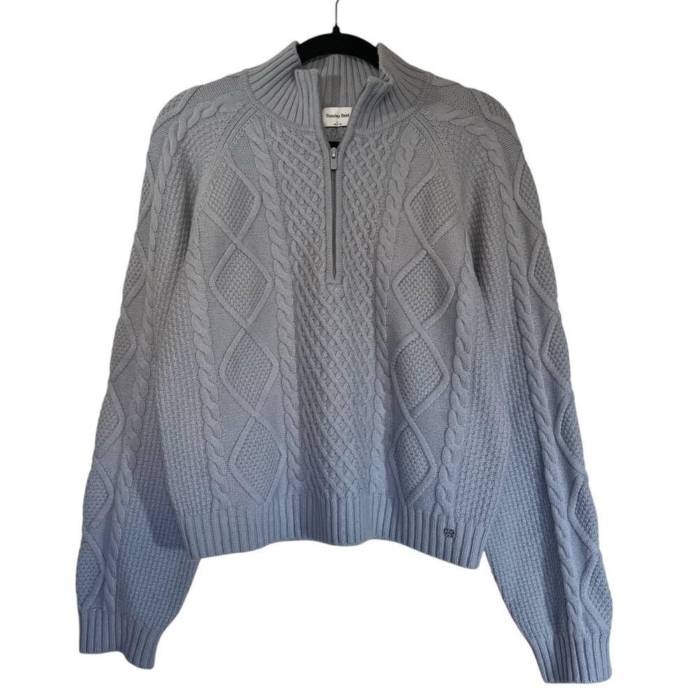 Aritzia Sunday Best Merino Wool Cable Knit 1/4 Zip Sweater Large Light Blue